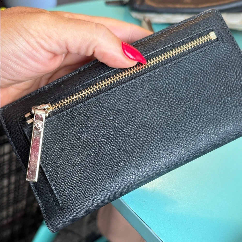 Kate Spade Black Leather Wallet clutch card holder designer bifold wristlet